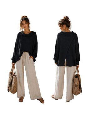 Free People Coastal Boho Beachy Oversized‎ Waffle Knit Top Split Back Blk M NWT